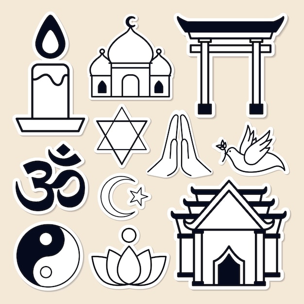 Vetor grátis conjunto de adesivos de símbolos religiosos mistos