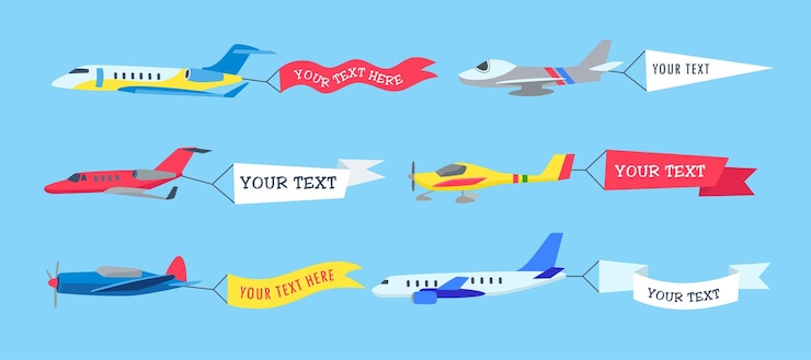 Vetor grátis conjunto de aeronaves no céu com banners para ilustração de desenhos animados de texto. avião, avião, companhia aérea, biplano voando com fitas de publicidade, bandeiras. publicidade voadora, aviação, transporte, conceito de voo