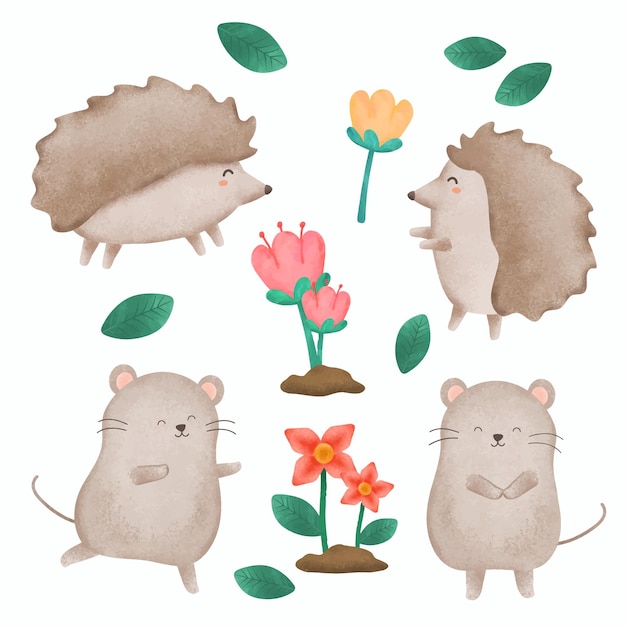 Conjunto de animais de desenho animado em ouriço anão de cor de água e rato em personagem de desenho animado com flor no horário de verão ilustração vetorial de design plano