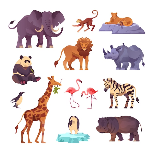 Vetor grátis conjunto de animais de diferentes continentes do planeta coletados na ilustração vetorial plana do zoológico
