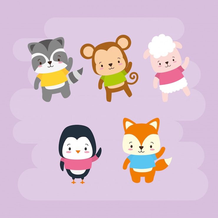 Vetor grátis conjunto de animais fofos, desenhos animados e estilo simples, ilustração