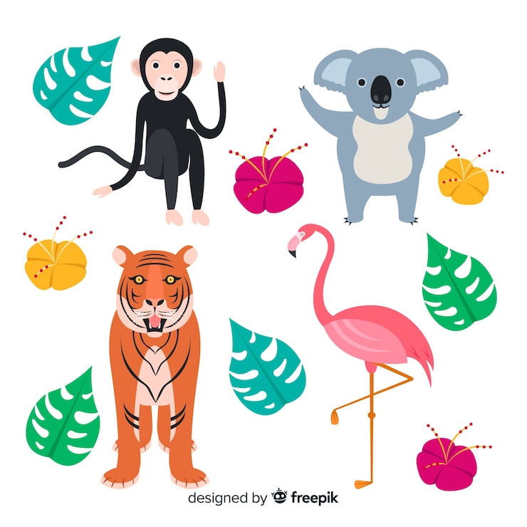 Vetor grátis conjunto de animais tropicais: macaco, coala, tigre, flamingo. design de estilo plano