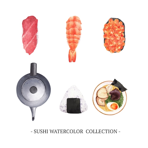 Conjunto de aquarela coleção isolada de sushi