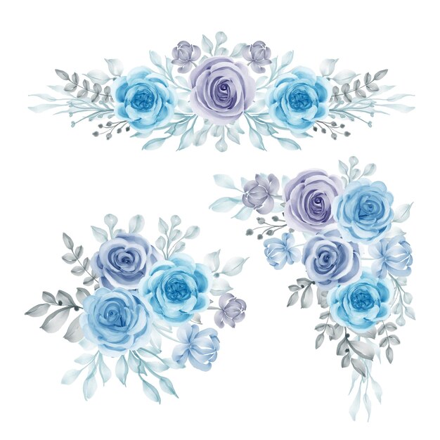 Conjunto de aquarelas de arranjos florais azuis