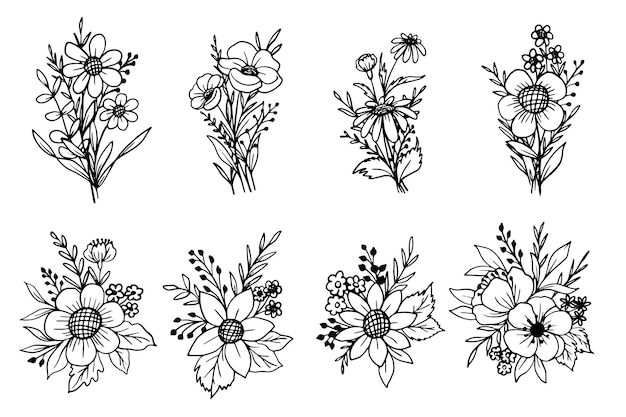 Conjunto de arranjo floral e arte de linha de doodle de buquê