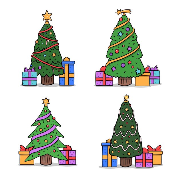 Conjunto de árvores de natal decoradas desenhadas à mão