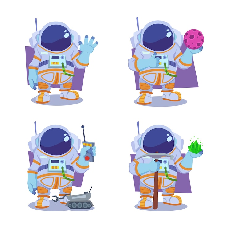 Vetor grátis conjunto de astronautas desenhados à mão acenando com a mão segurando o planeta controlando o rover lunar mostrando cristais
