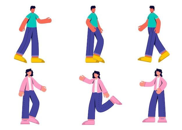 Conjunto de atividade de mulher e homem em personagem de desenho animado, ilustração plana isolada de gesto diferente
