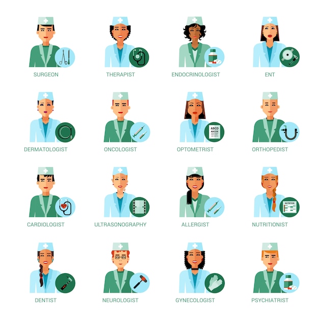 Vetor grátis conjunto de avatares de profissões médicas