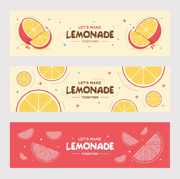 Conjunto de bandeiras de limonada fresca. laranja, limão, bebida
