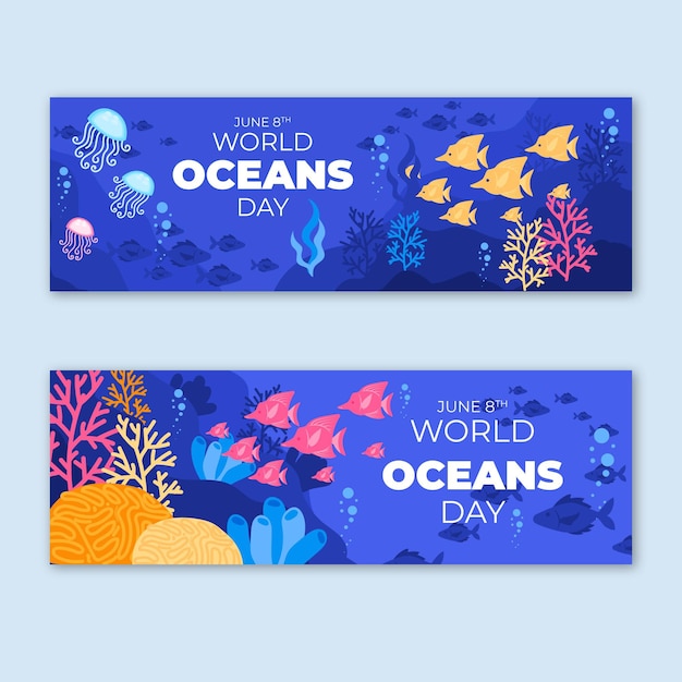 Conjunto de bandeiras do dia dos oceanos do mundo plano