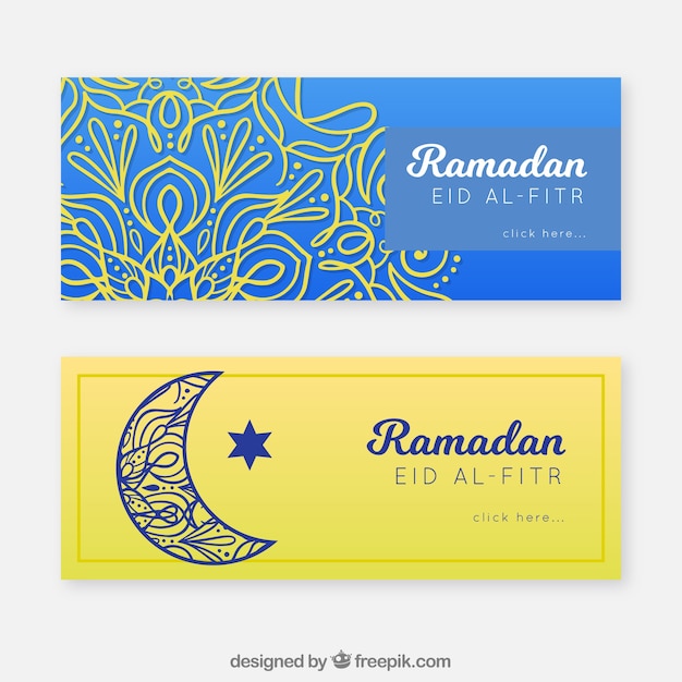 Conjunto de bandeiras do ramadã com mandala e lua