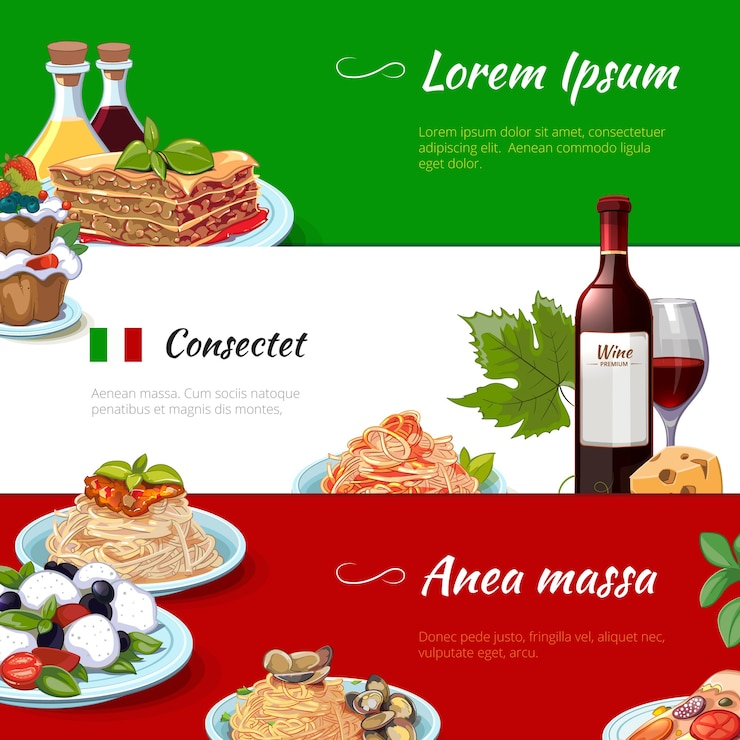 Vetor grátis conjunto de bandeiras horizontais de comida italiana. cozinha e massas, itália, macarrão de queijo de nutrição, cultura culinária tradicional, ilustração vetorial