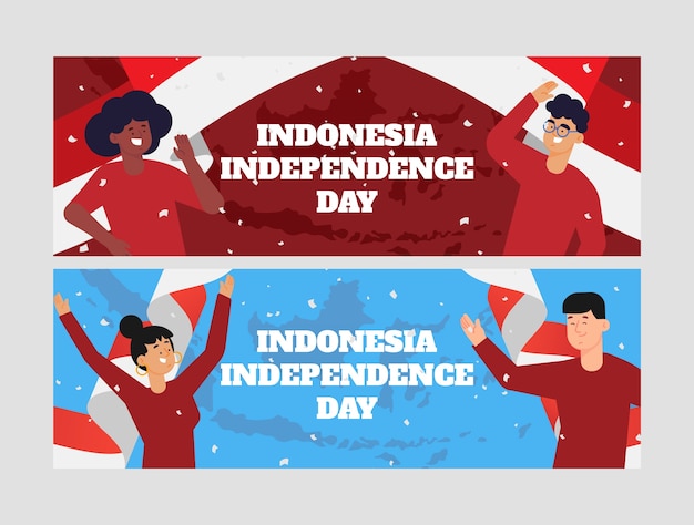 Vetor grátis conjunto de bandeiras horizontais do dia da independência da indonésia plana