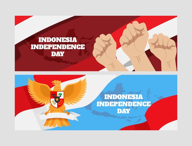 Vetor grátis conjunto de bandeiras horizontais do dia da independência da indonésia plana