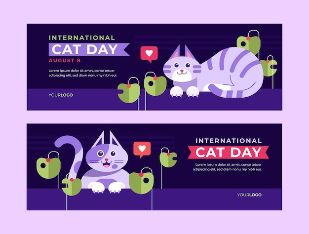 Conjunto de bandeiras horizontais planas do dia internacional do gato
