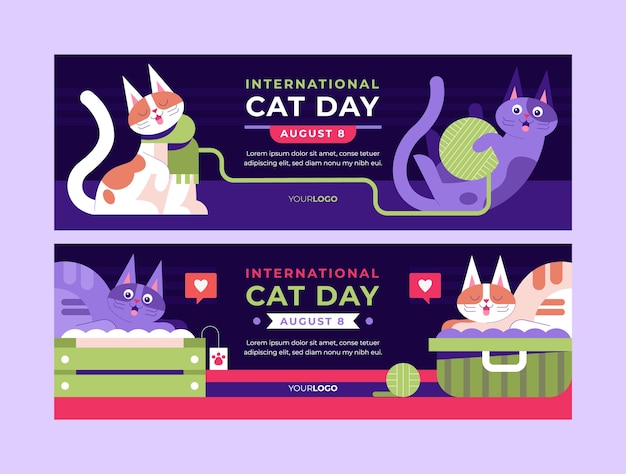 Conjunto de bandeiras horizontais planas do dia internacional do gato