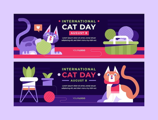 Conjunto de bandeiras horizontais planas do dia internacional do gato
