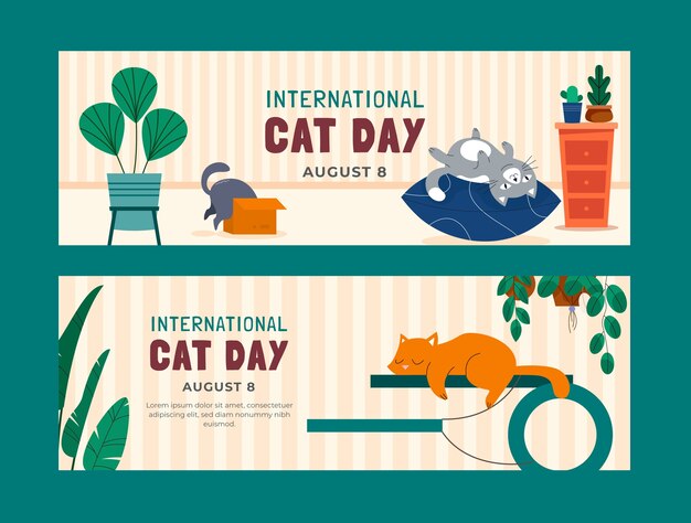 Conjunto de bandeiras horizontais planas do dia internacional do gato