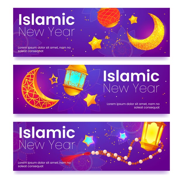 Vetor grátis conjunto de bandeiras islâmicas de ano novo de desenho animado