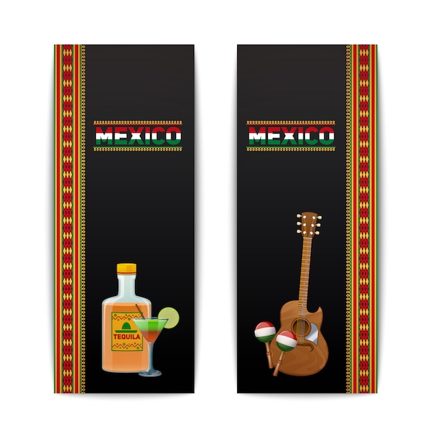 Vetor grátis conjunto de bandeiras mexicanas com tequila cocktail maraca e guitarra isolado ilustração vetorial