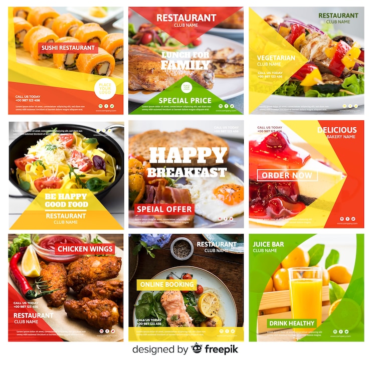 Vetor grátis conjunto de banner de comida fotográfica quadrada
