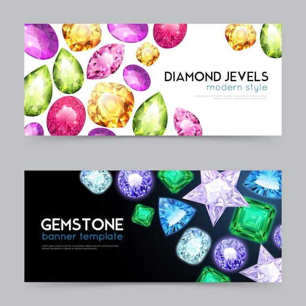 Vetor grátis conjunto de banner de jóias de diamantes de pedras preciosas