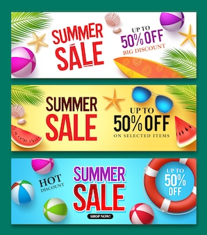 Conjunto de banner de vetor de venda de verão com texto de desconto e elementos de verão em fundos coloridos