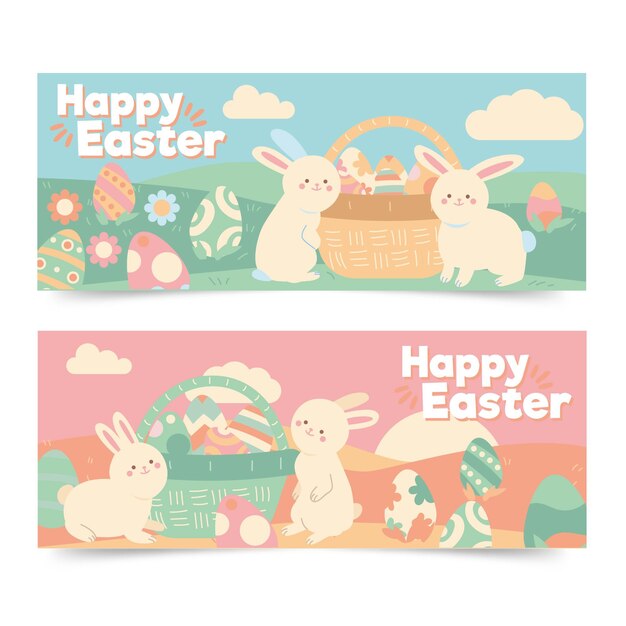 Conjunto de banner horizontal de páscoa desenhado à mão
