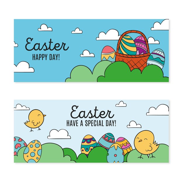Conjunto de banner horizontal de páscoa desenhado à mão