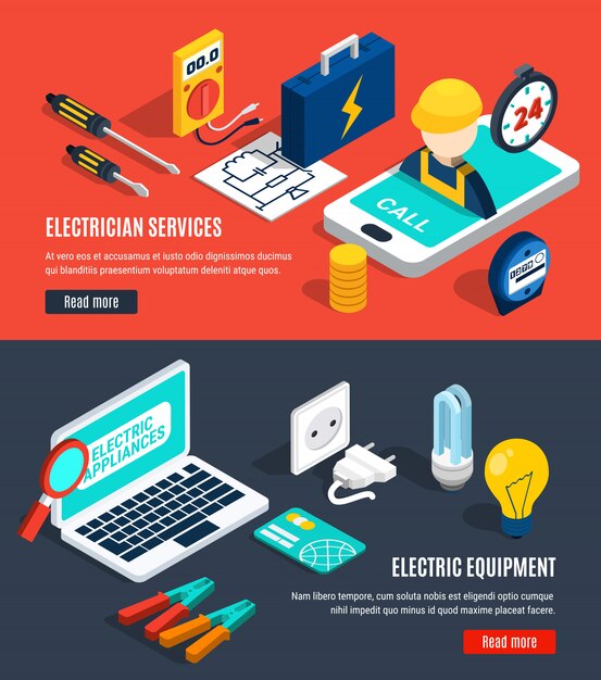 Conjunto de banner isométrica de eletricidade