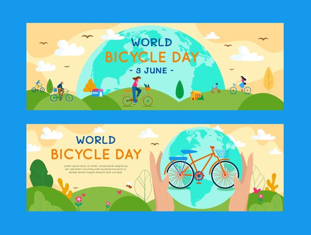 Conjunto de banner plano desenhado à mão do dia mundial da bicicleta