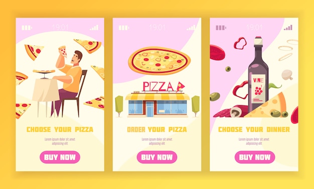 Vetor grátis conjunto de banner vertical de três pizzas com escolher e pedir sua pizza e escolher sua ilustração vetorial de descrições de jantar