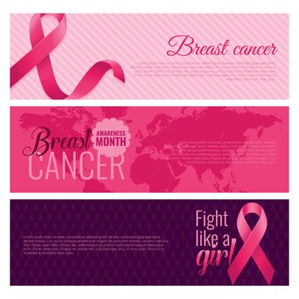 Conjunto de banners de conscientização do câncer de mama com fitas cor de rosa
