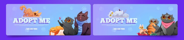 Vetor grátis conjunto de banners de desenho animado me adote com gatos