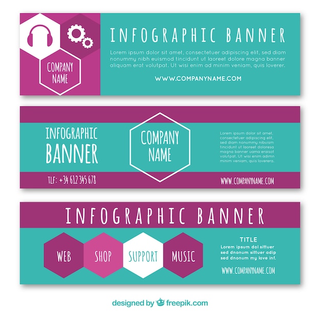 Vetor grátis conjunto de banners de hexágonos infográficos