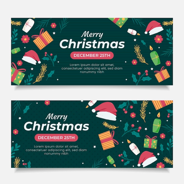 Vetor grátis conjunto de banners de natal horizontais desenhados à mão