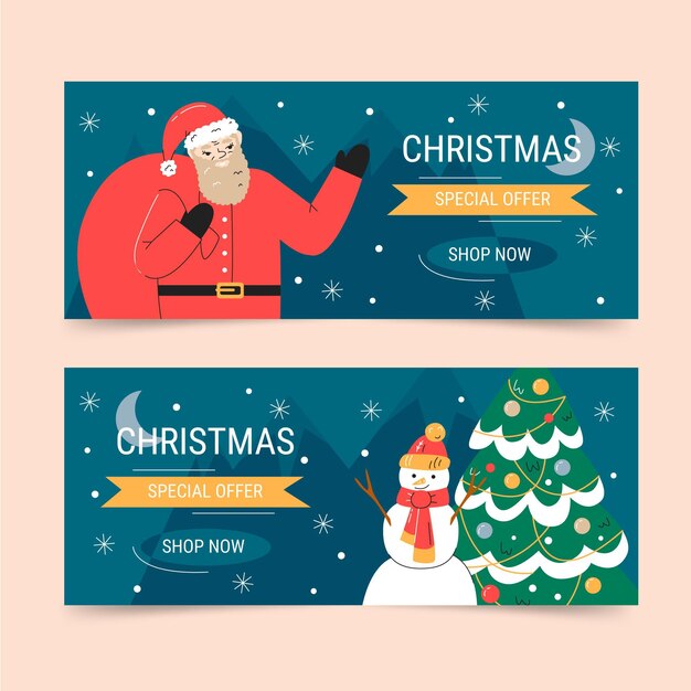 Conjunto de banners de natal horizontais desenhados à mão