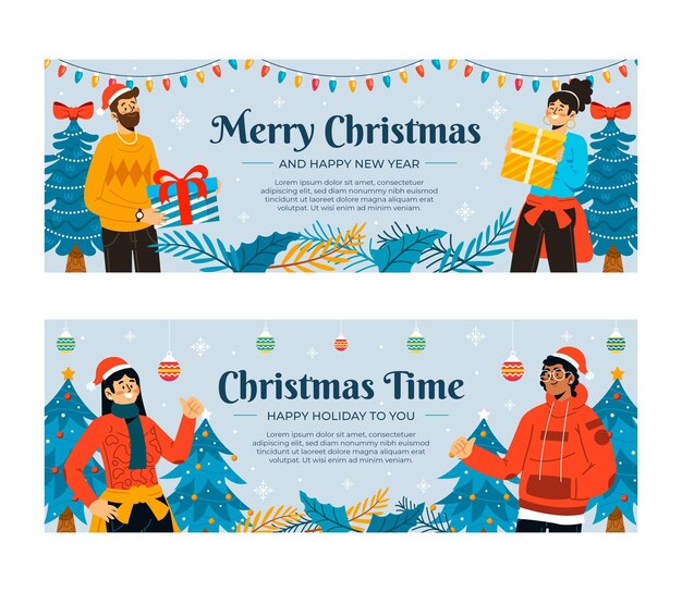 Conjunto de banners de natal horizontais desenhados à mão
