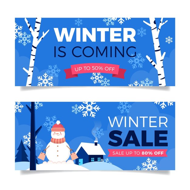 Conjunto de banners de venda de inverno planos e horizontais