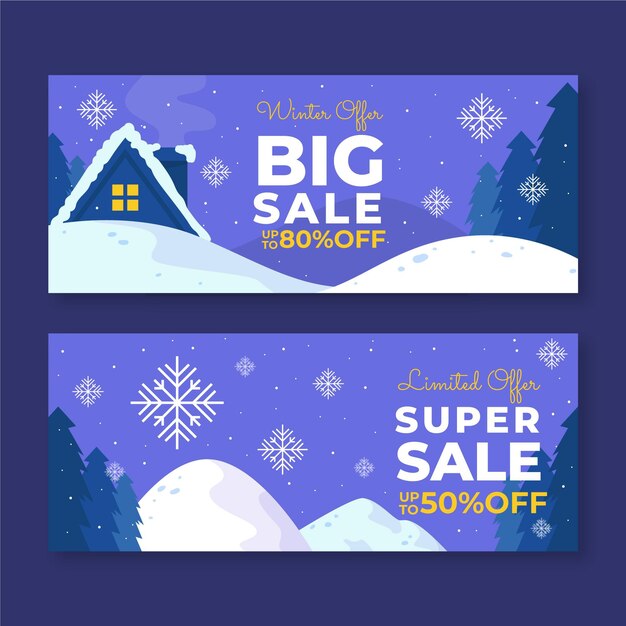 Conjunto de banners de venda de inverno planos horizontais desenhados à mão
