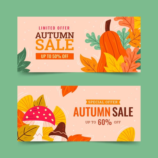 Conjunto de banners de venda de outono planos horizontais desenhados à mão