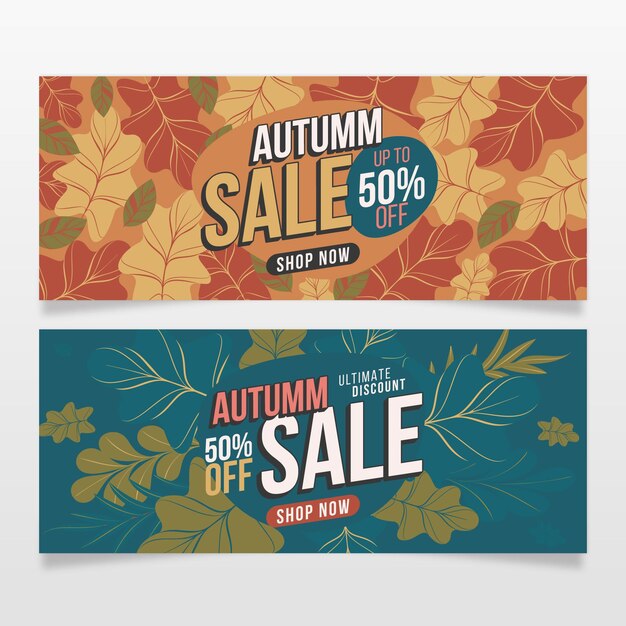 Conjunto de banners de venda de outono planos horizontais desenhados à mão