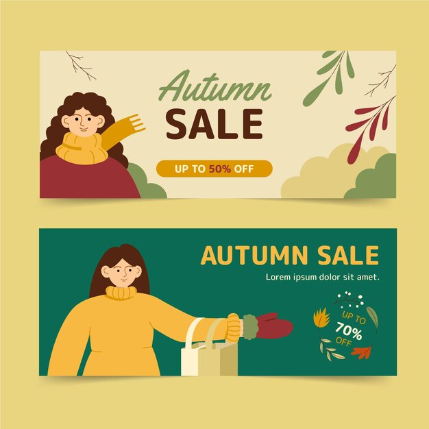 Conjunto de banners de venda de outono planos horizontais desenhados à mão