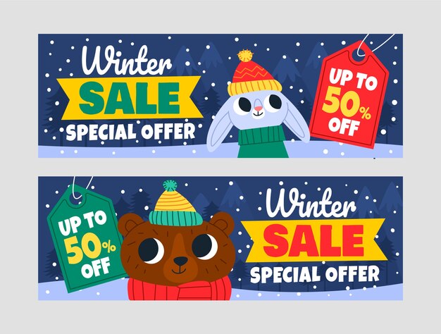 Conjunto de banners de venda horizontal de celebração de temporada de inverno plano