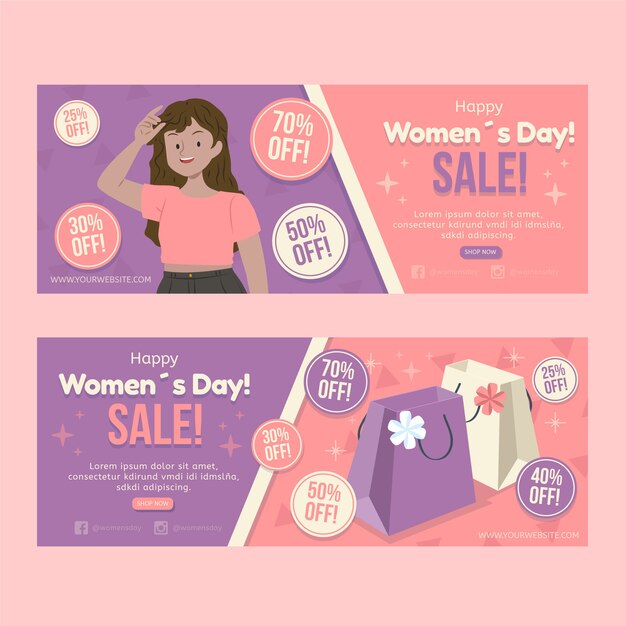 Vetor grátis conjunto de banners de venda horizontal de dia internacional da mulher plana