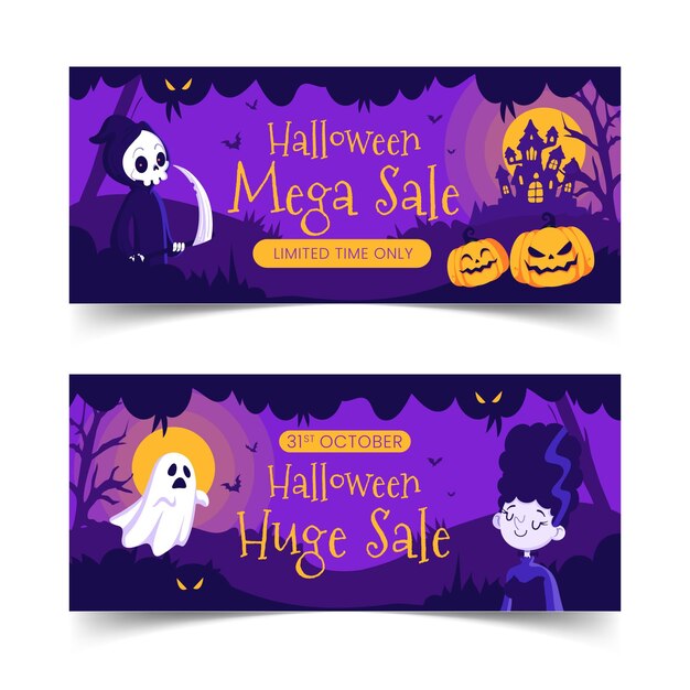 Conjunto de banners de venda horizontal de halloween desenhados à mão