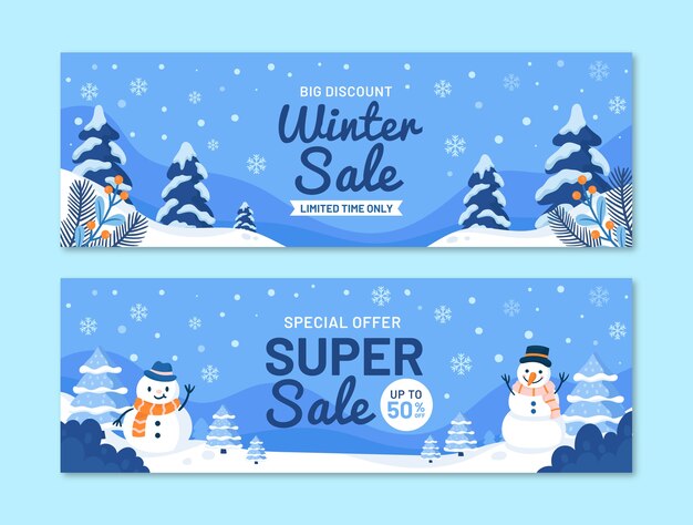 Conjunto de banners de venda horizontal de inverno plano