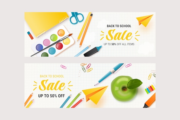Conjunto de banners de venda horizontal de volta às aulas realistas