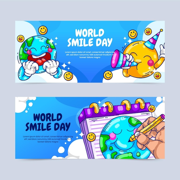 Conjunto de banners do dia mundial de sorriso desenhado à mão